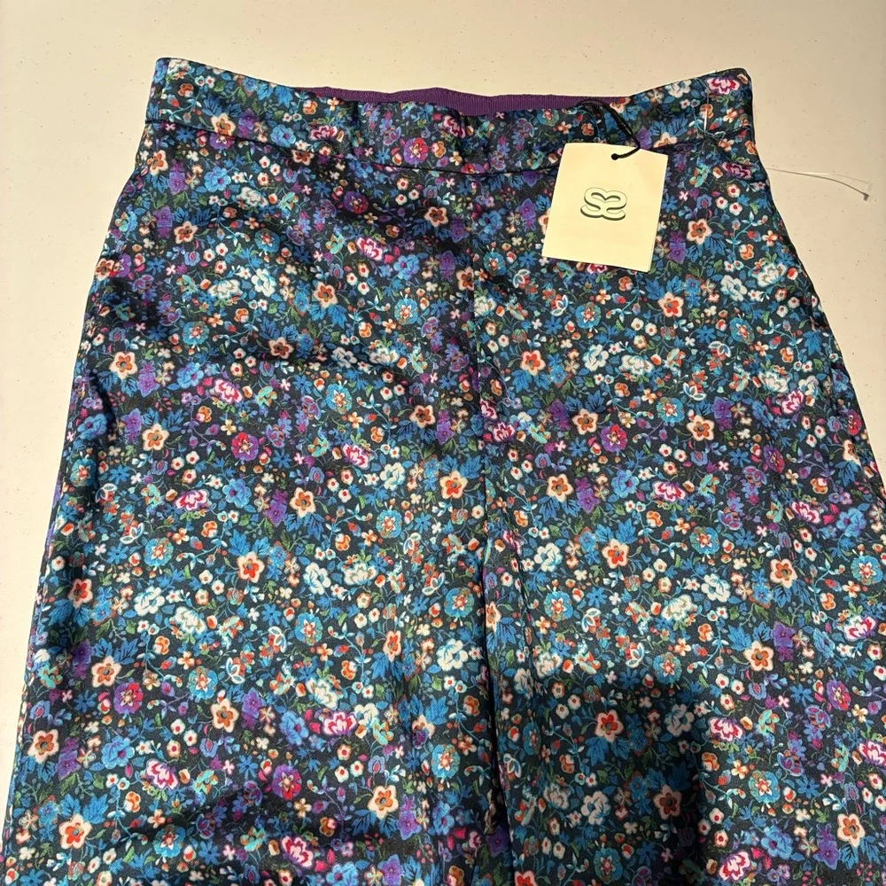 NWT Sandro Donelo Satin Floral Flare Pants in Blue Multi Size XS - Picture 6 of 13